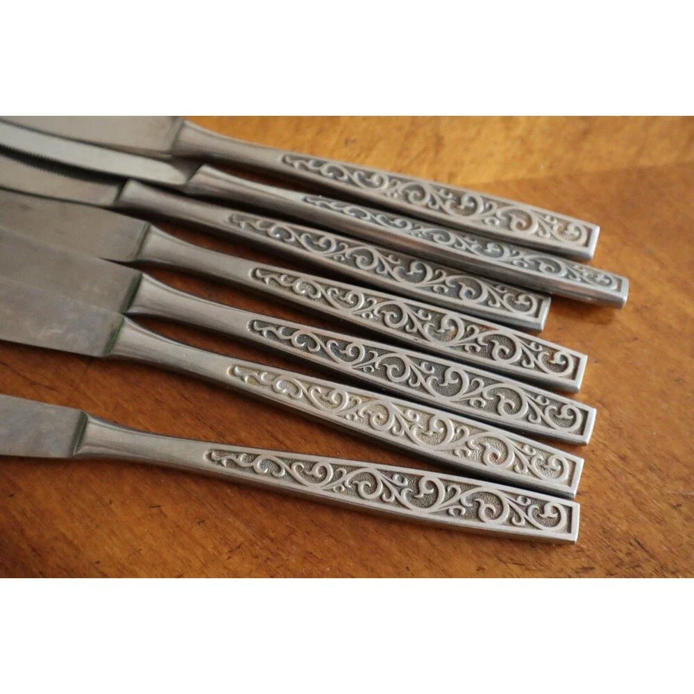 Lot 7x Imperial International IIC DAVOS Stainless Black Floral Dinner Knive 8.6